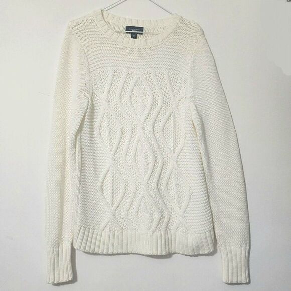 Lands End - M 10/12 - Drifter Sweater Women's White Crewneck Cable Knit - Picture 1 of 5